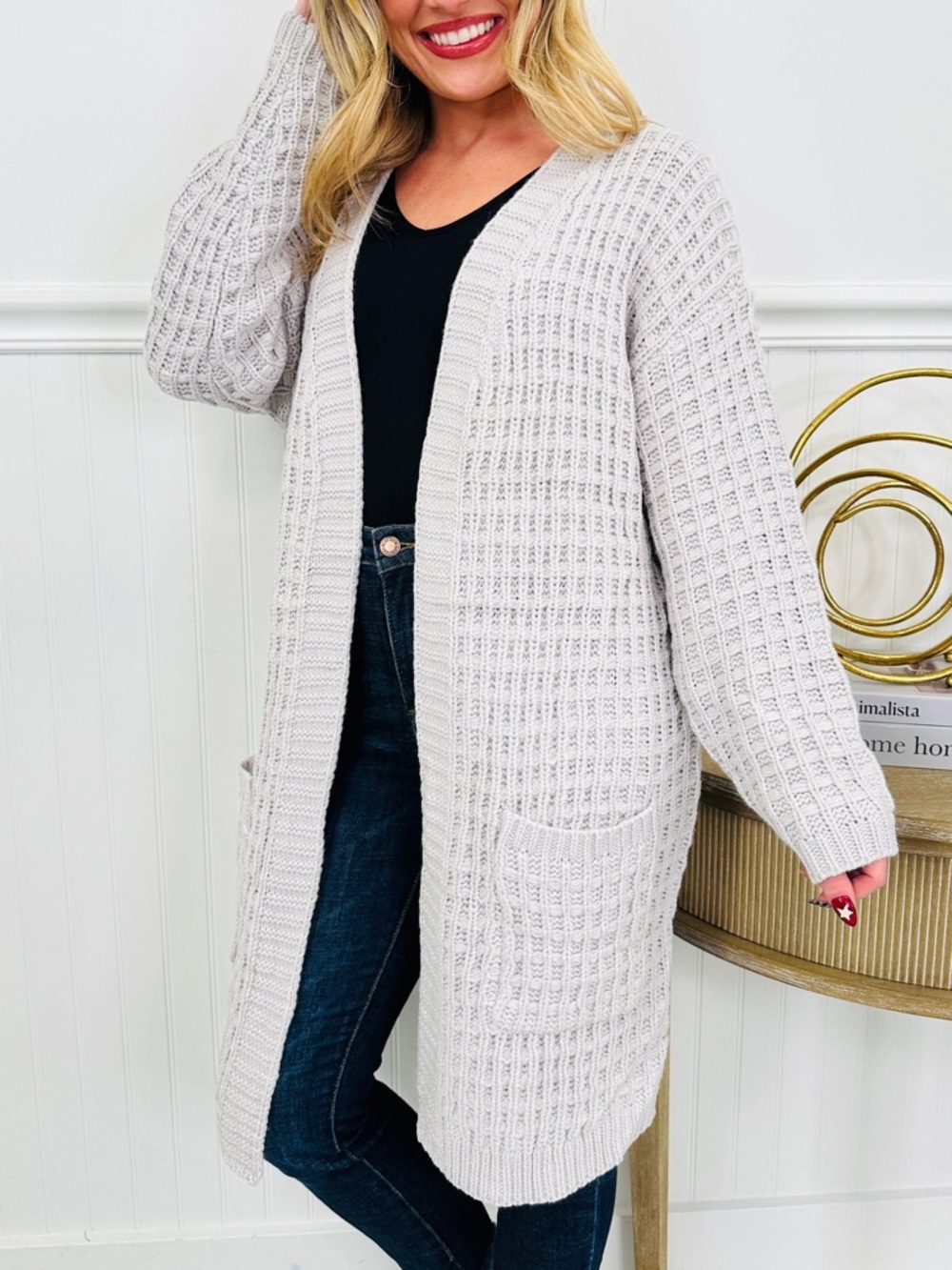 Light Gray Open-Front Cozy Knit Cardigan Sweater